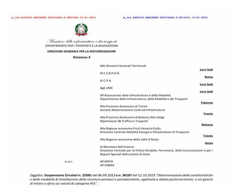 Aggiornamento normativa : Sospensione norma di collaudo omologazione dei portabici